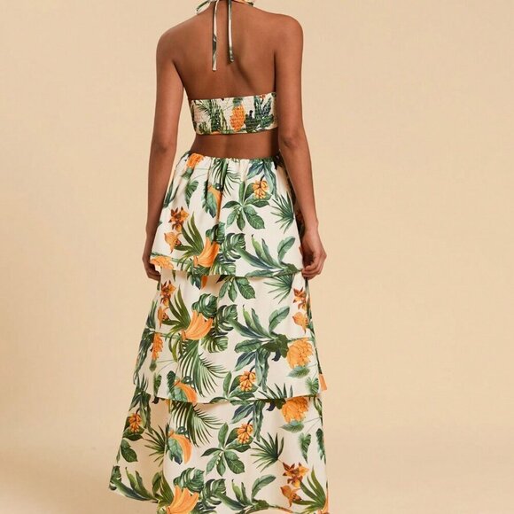 Boho Women's Tropical Plant Print Halter Waist Cutout Maxi Dress - Picture 2 of 6